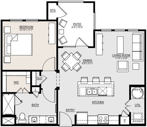 Floor plan for 1 bed, 1 bath, 780 sqft